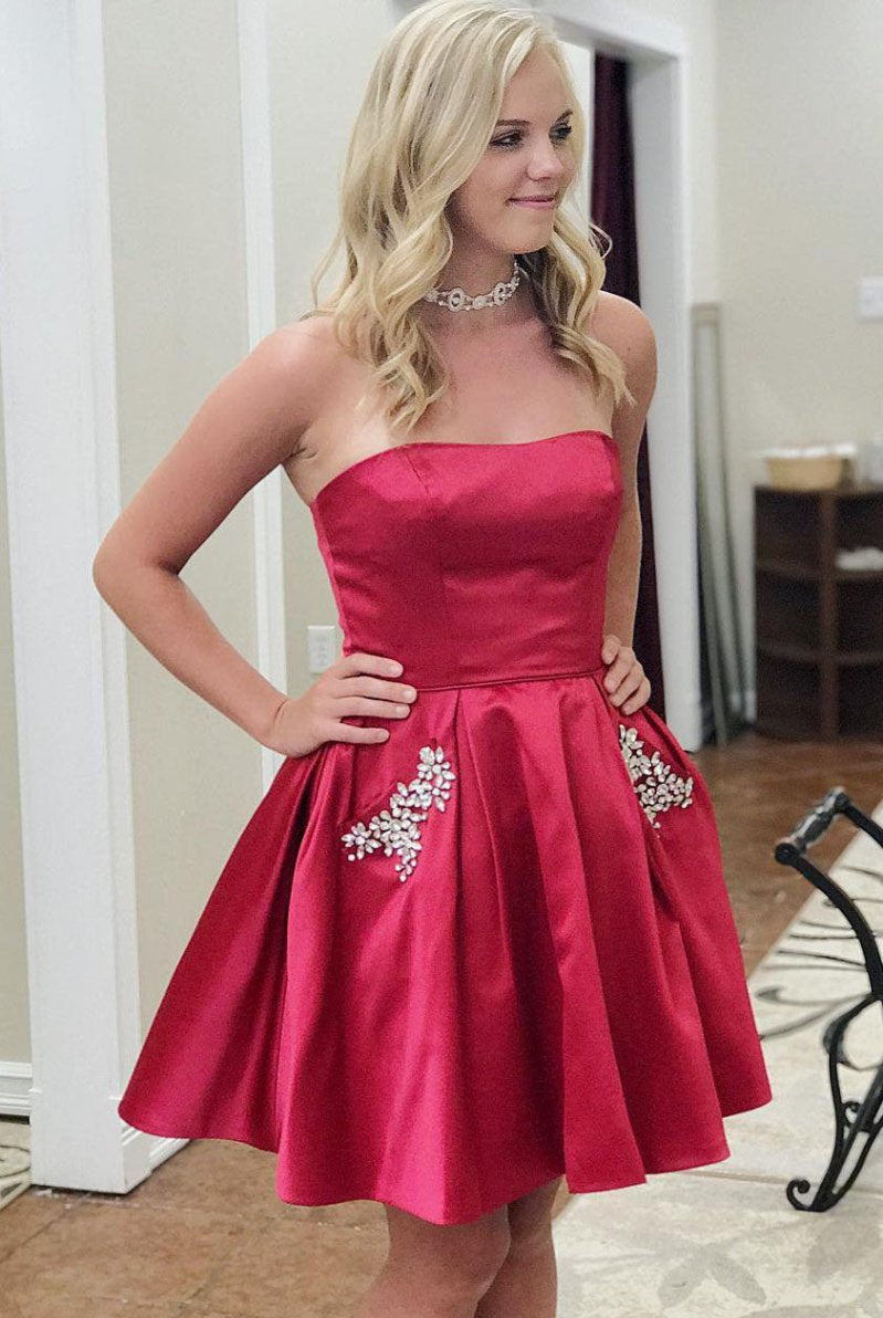 Strapless Beading Sky Blue Homecoming Dress with Pockets