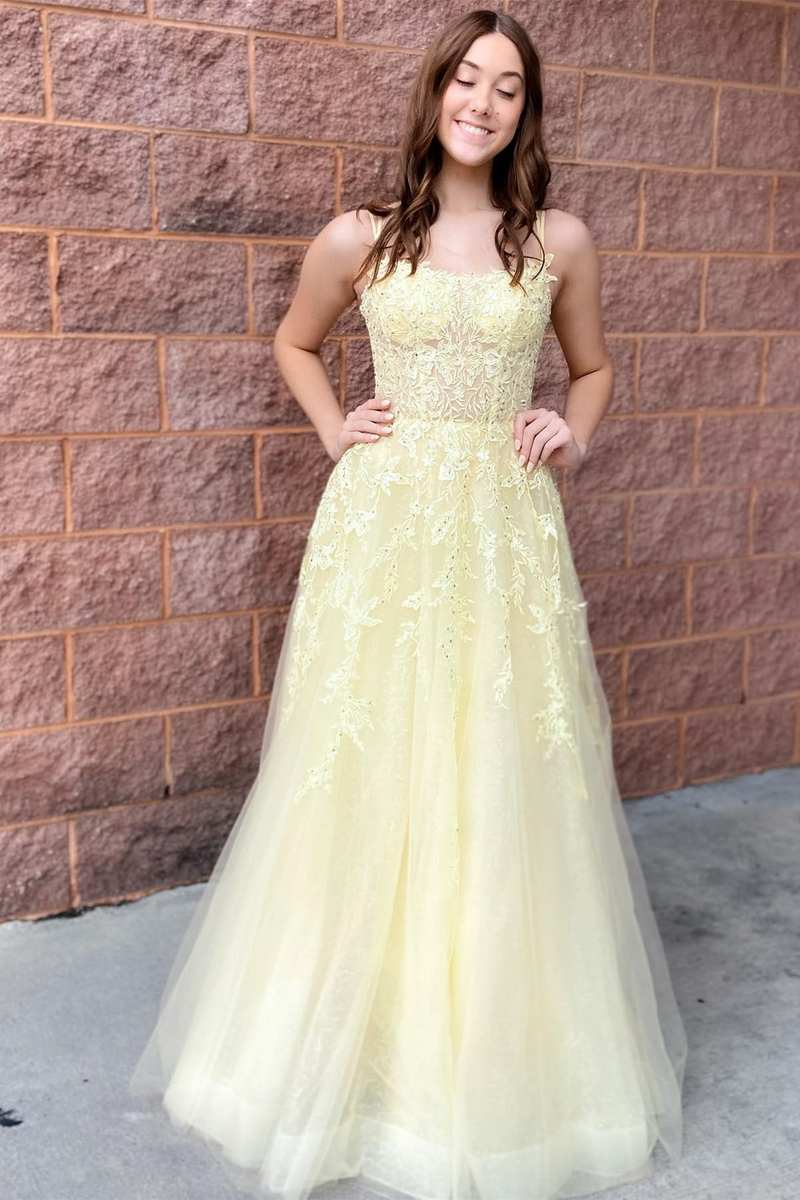 Laylah |A - Line Yellow Tulle Applique Lace - Up Prom Dress - KissProm