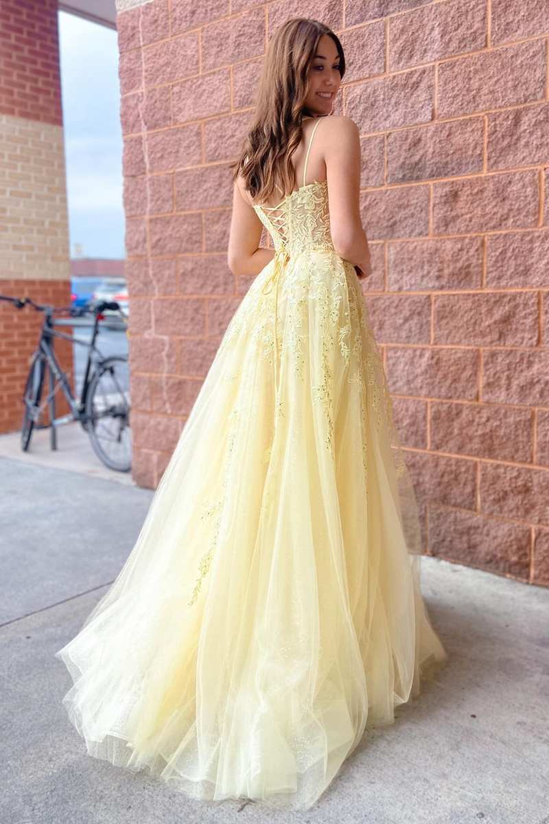 Laylah |A - Line Yellow Tulle Applique Lace - Up Prom Dress - KissProm