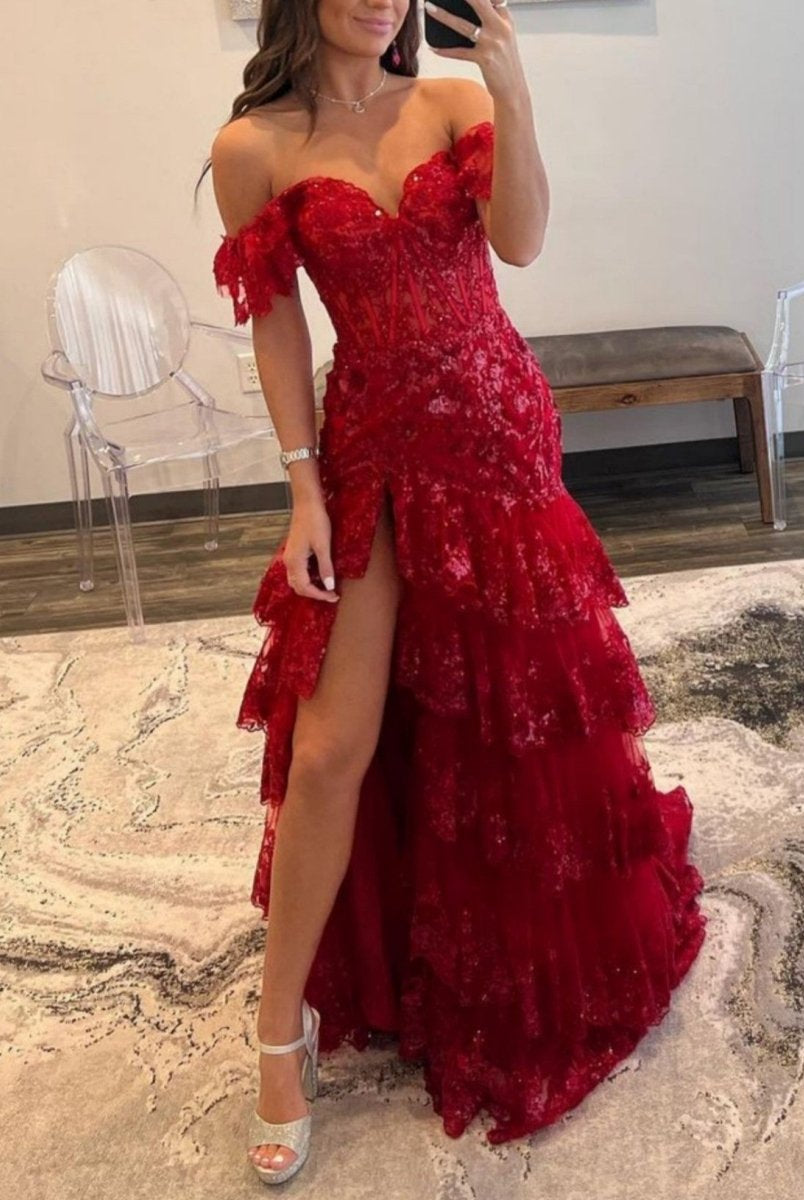 Kennedy |Sheath Off the Shoulder Long Lace Prom Dress (Lace-up Back)