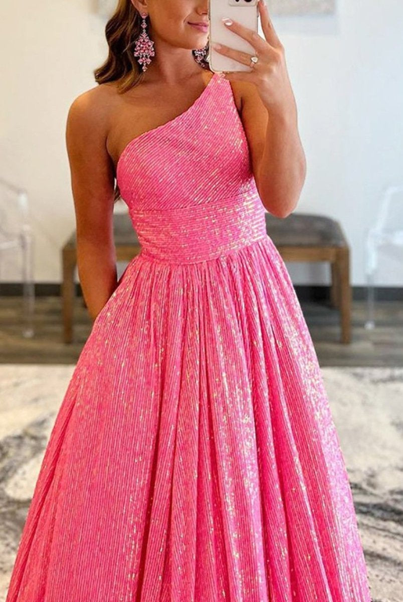 Charlee |A-Line One Shoulder Sequins Prom Dress with Pockets