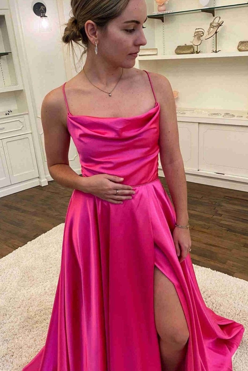 Araya |A Line Cowl Neck Satin Prom Dress With Slit - KissProm