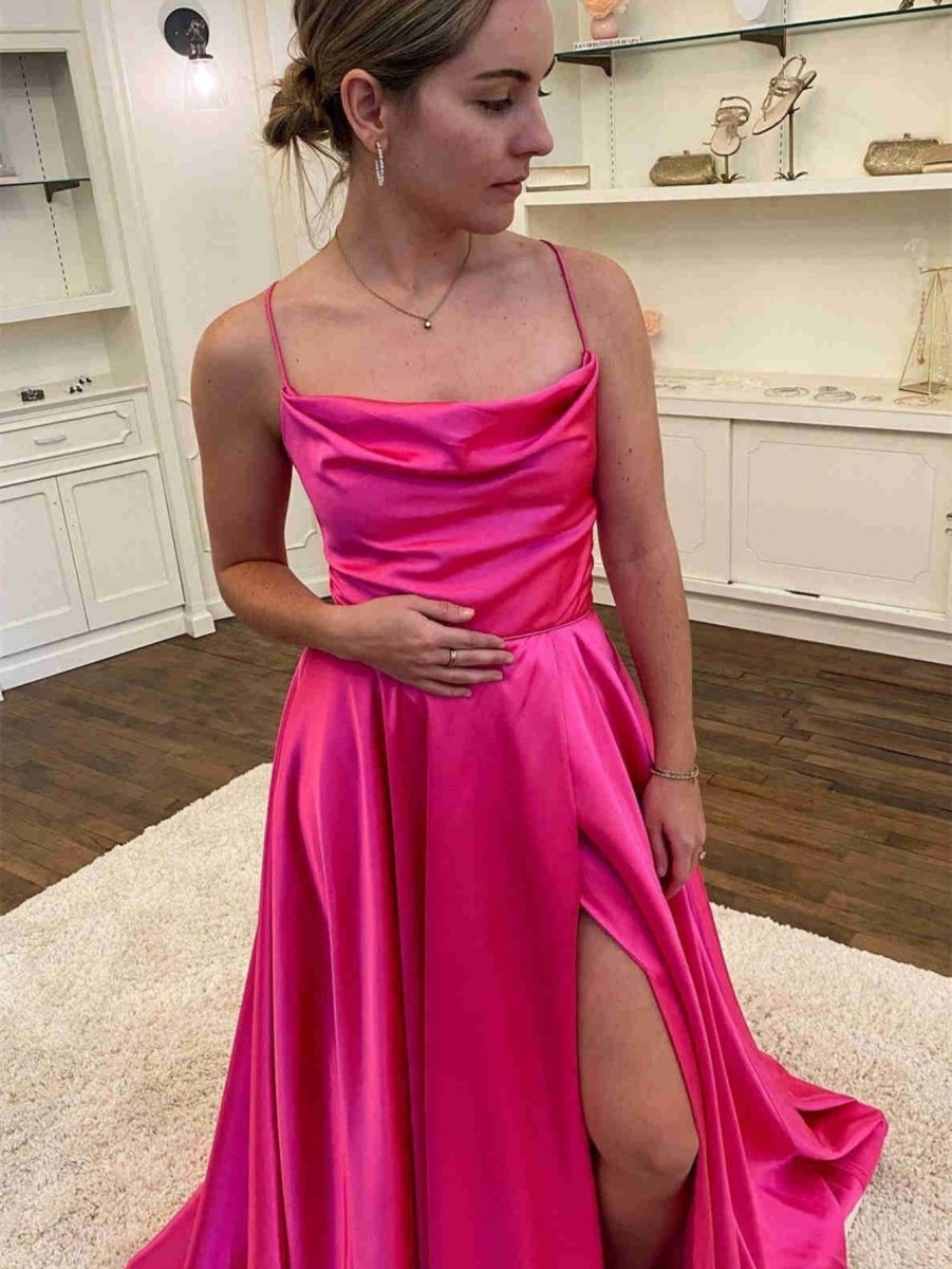 Araya |A Line Cowl Neck Satin Prom Dress With Slit - KissProm