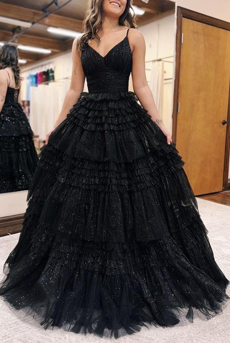 Emerson |A-Line Deep V Neck Tiered Long Glitter Tulle Prom Dress