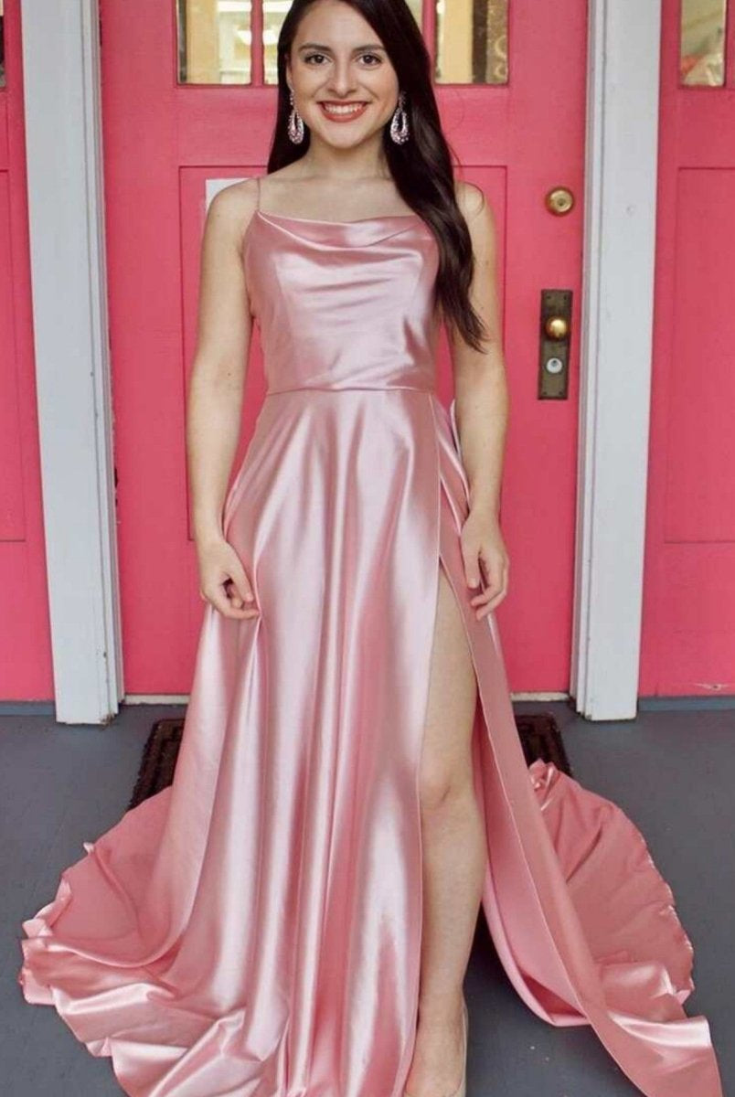 Araya |A Line Cowl Neck Satin Prom Dress With Slit - KissProm