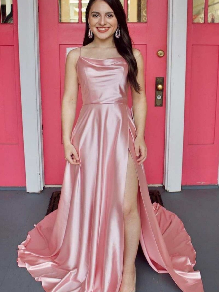 Araya |A Line Cowl Neck Satin Prom Dress With Slit - KissProm
