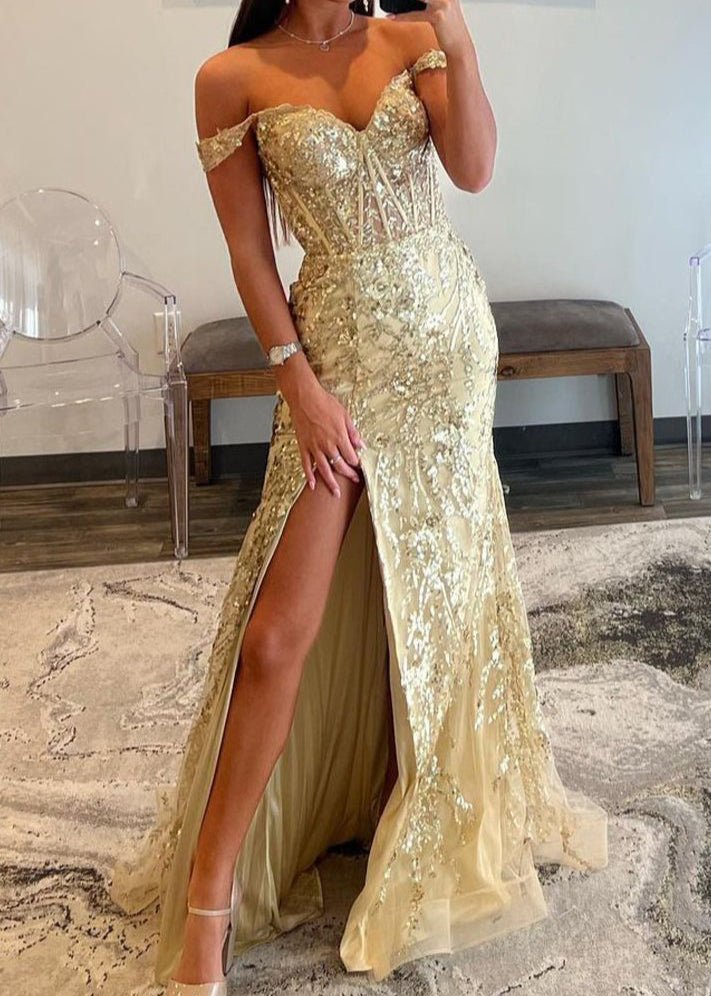 Soleil | Gold Sequin Lace Off the Shoulder Mermaid Prom Dress