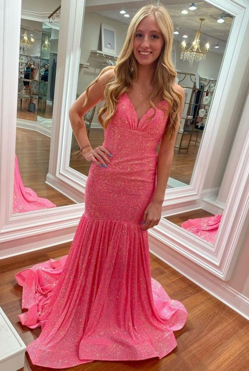 Amaris |Mermaid Orange V Neck Sequins Prom Dress - KissProm