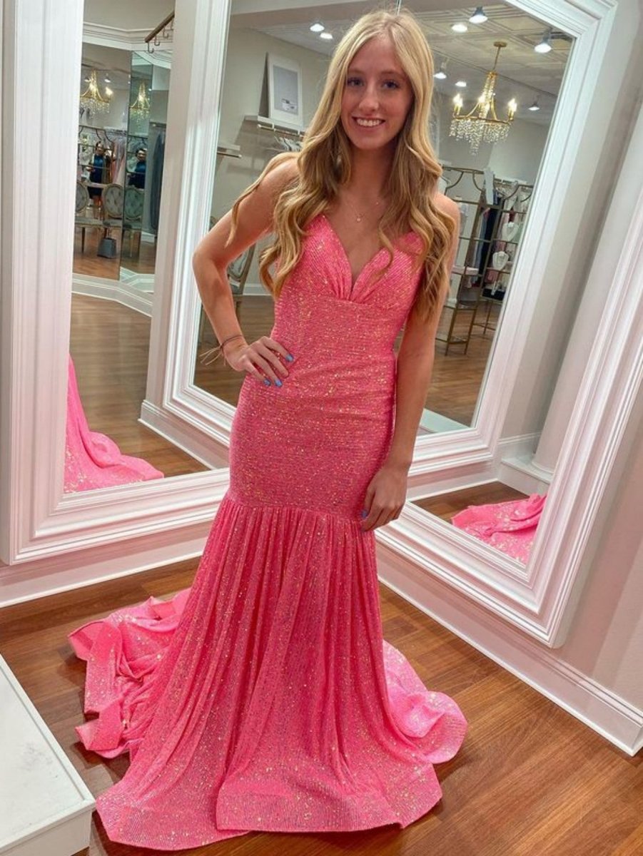 Amaris |Mermaid Orange V Neck Sequins Prom Dress - KissProm