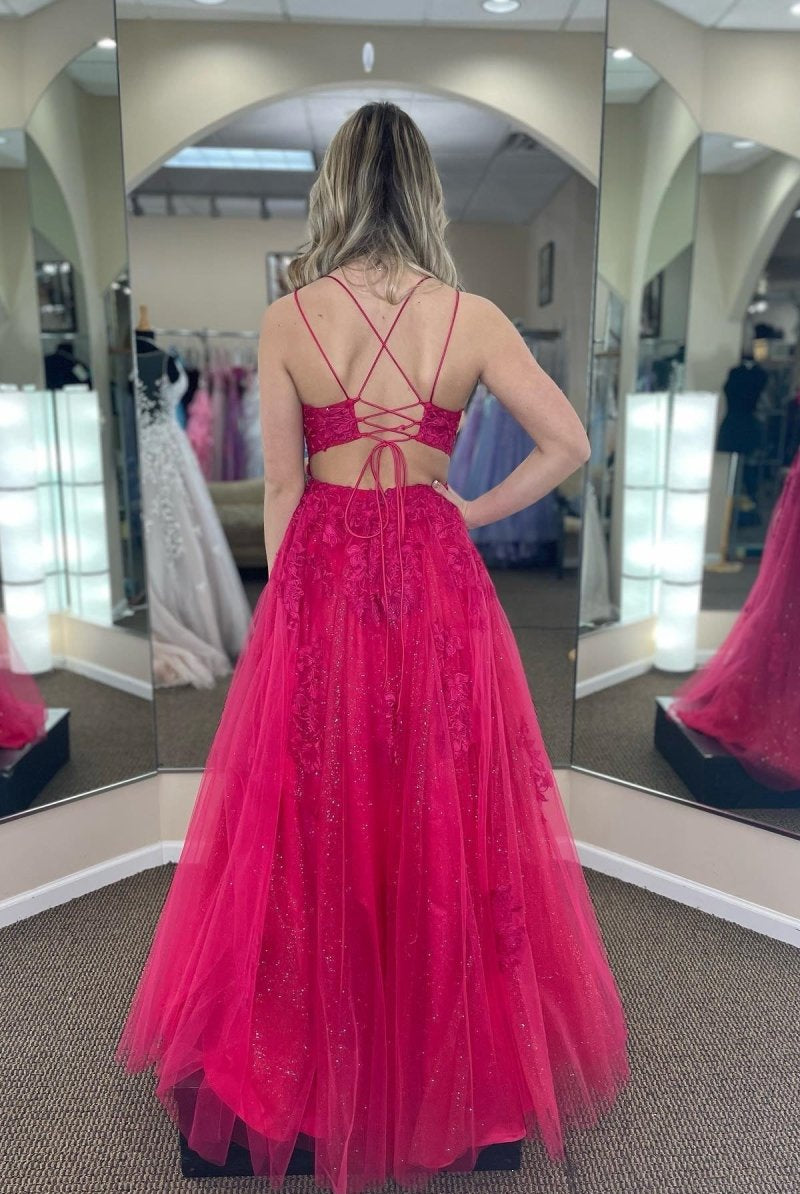 Lindsey | Fuchsia A-line Tulle Scoop Neckline Applique Slit Long Prom Dress