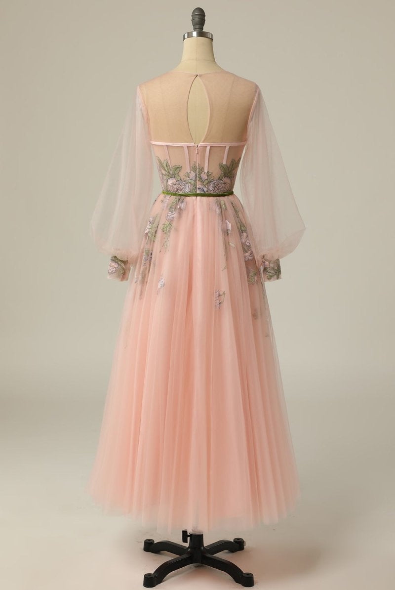Meilani |A Line Scoop Long Sleeve Tulle Prom Dress with Floral Embroidery - KissProm