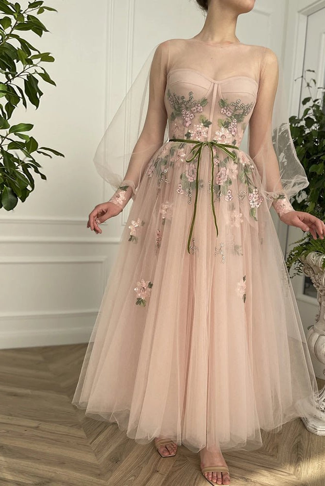 Meilani |A Line Scoop Long Sleeve Tulle Prom Dress with Floral Embroidery - KissProm