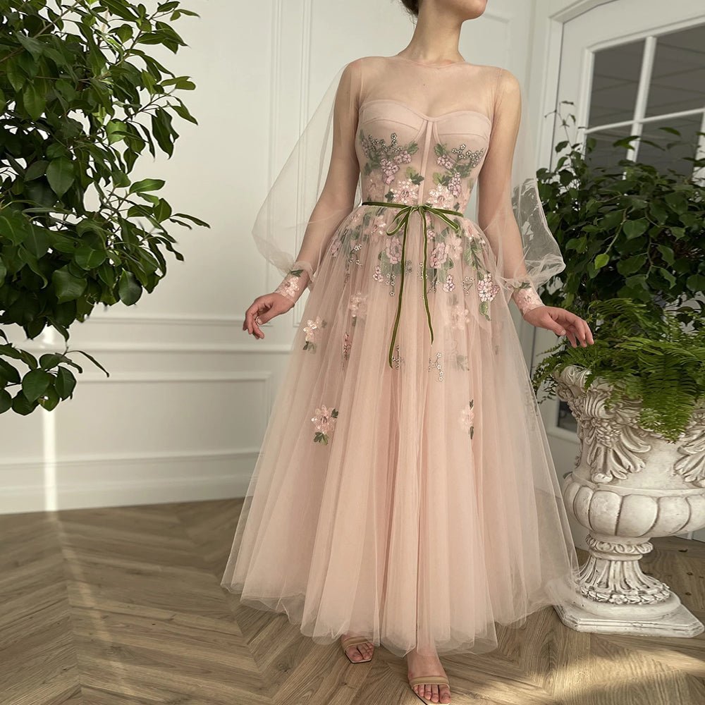 Meilani |A Line Scoop Long Sleeve Tulle Prom Dress with Floral Embroidery - KissProm