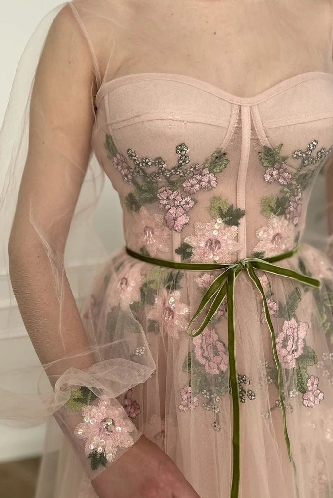 Meilani |A Line Scoop Long Sleeve Tulle Prom Dress with Floral Embroidery - KissProm