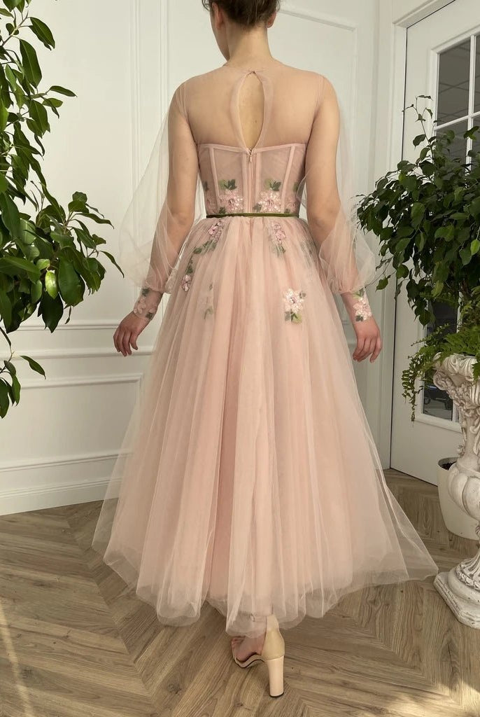 Meilani |A Line Scoop Long Sleeve Tulle Prom Dress with Floral Embroidery - KissProm