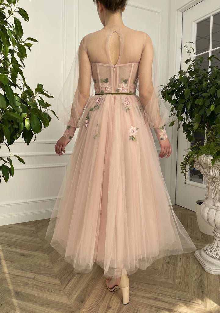 Meilani |A Line Scoop Long Sleeve Tulle Prom Dress with Floral Embroidery - KissProm