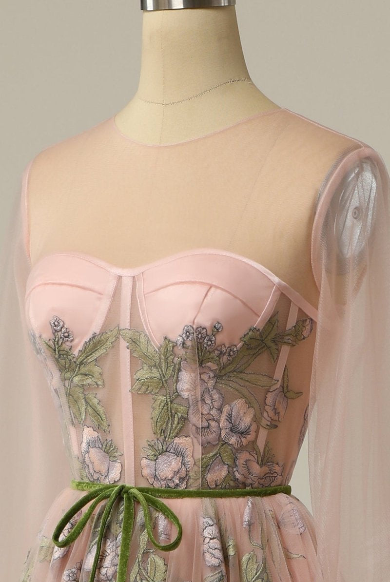 Meilani |A Line Scoop Long Sleeve Tulle Prom Dress with Floral Embroidery - KissProm