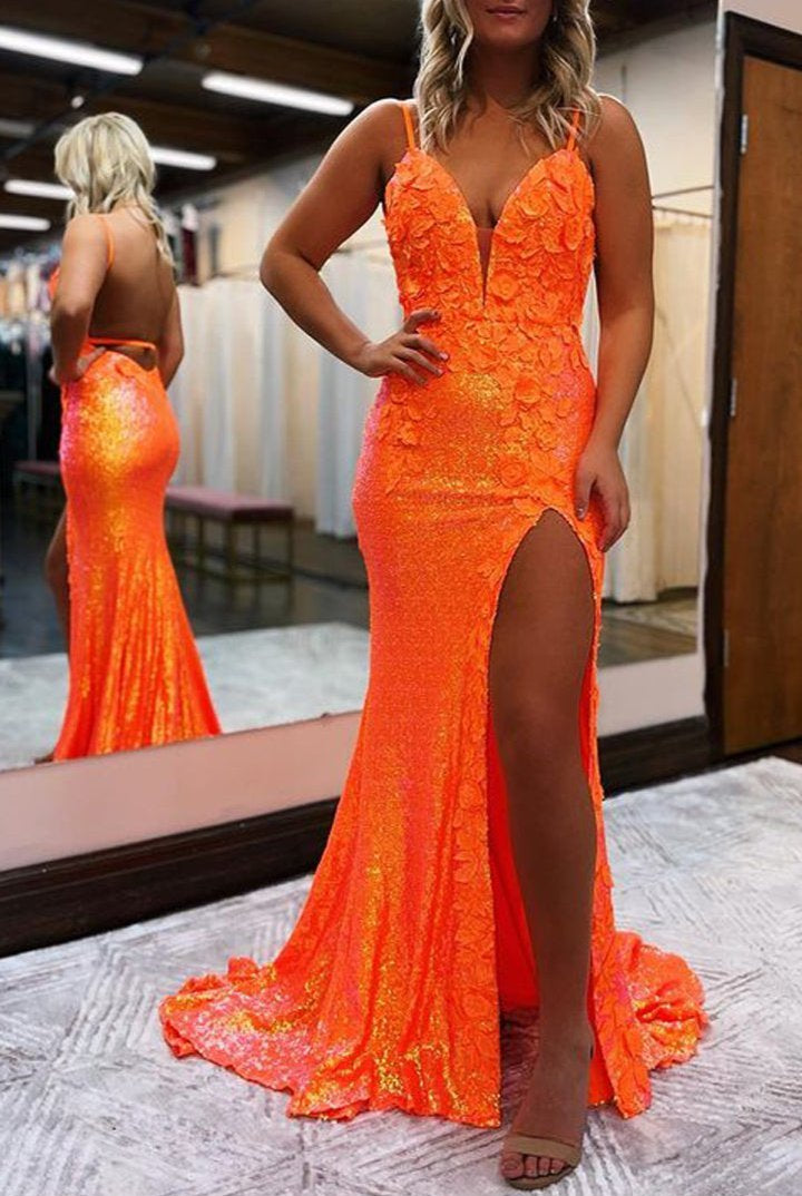 Miracle |Mermaid V Neck Sequins Prom Dress with Slit