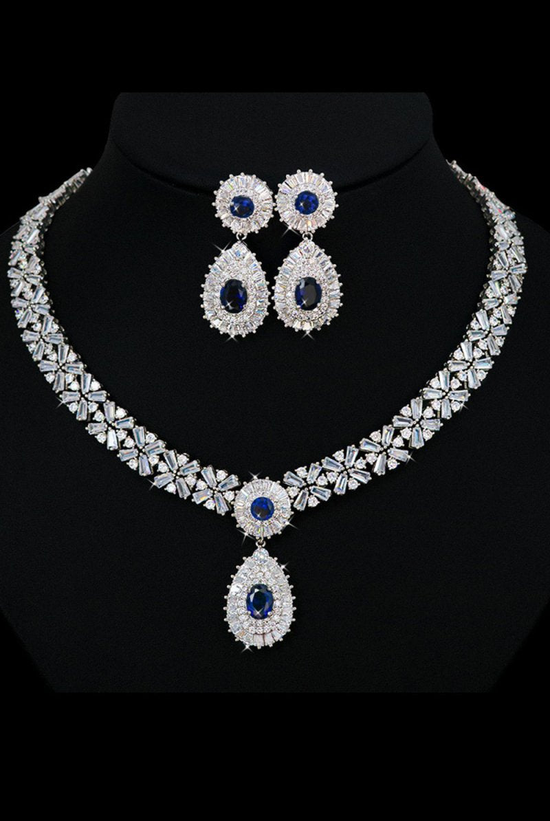 Royal Blue Crystal Necklace Earring Jewelry Set - KissProm