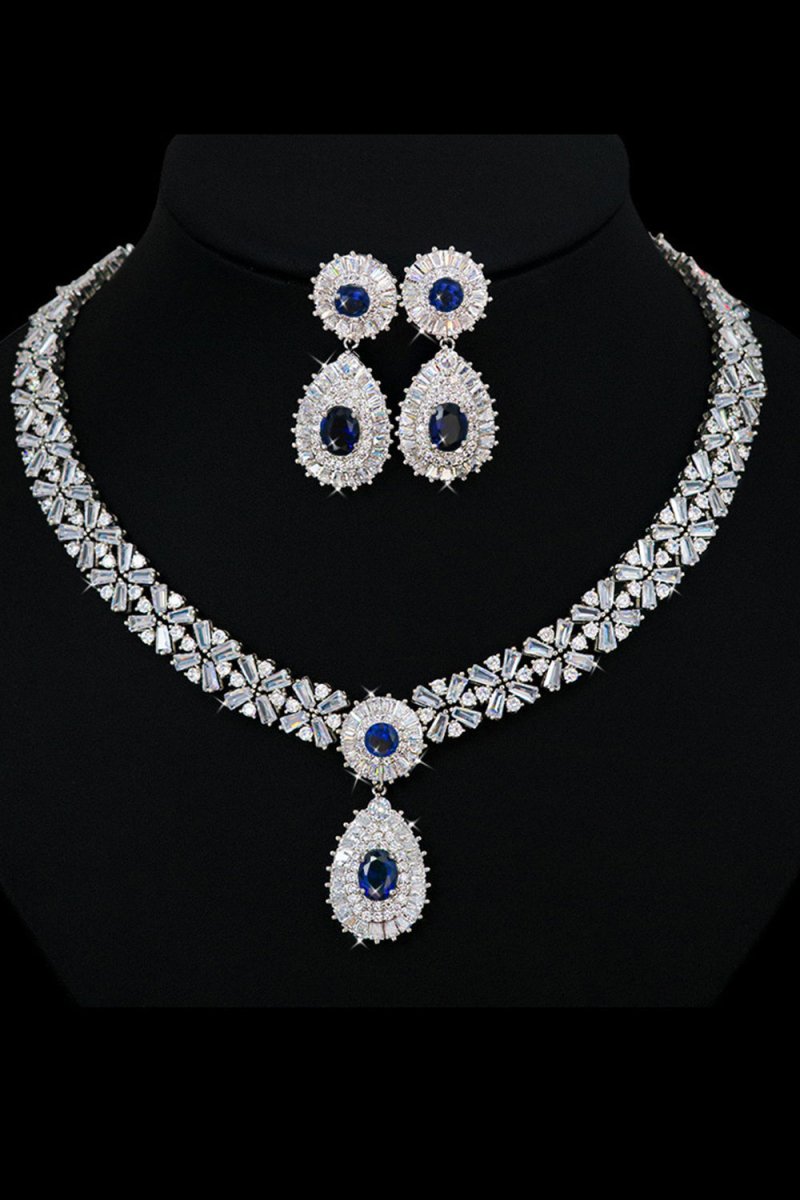 Royal Blue Crystal Necklace Earring Jewelry Set - KissProm
