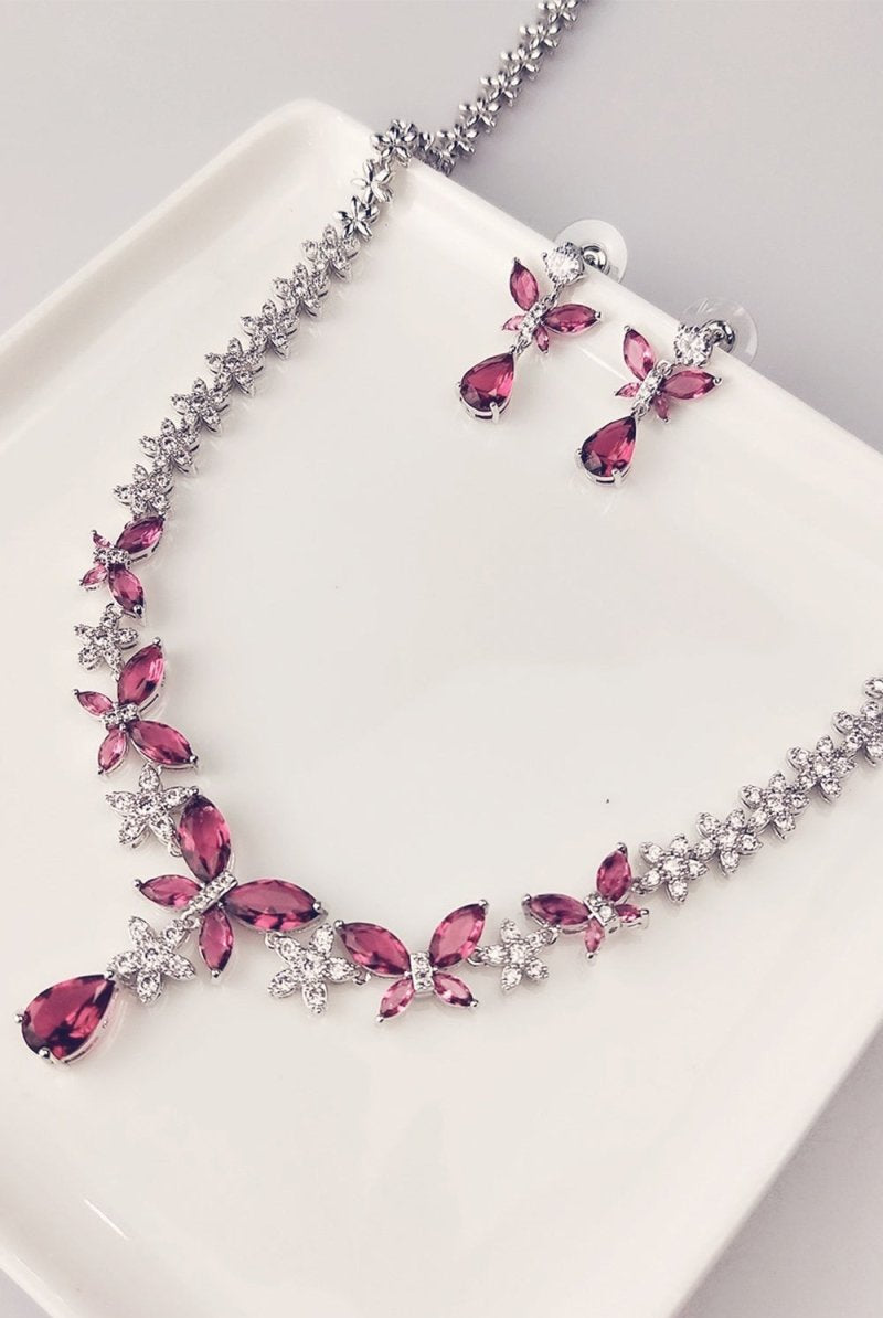 Royal Blue Butterfly Crystal Drop Earrings Necklace Jewelry Set - KissProm