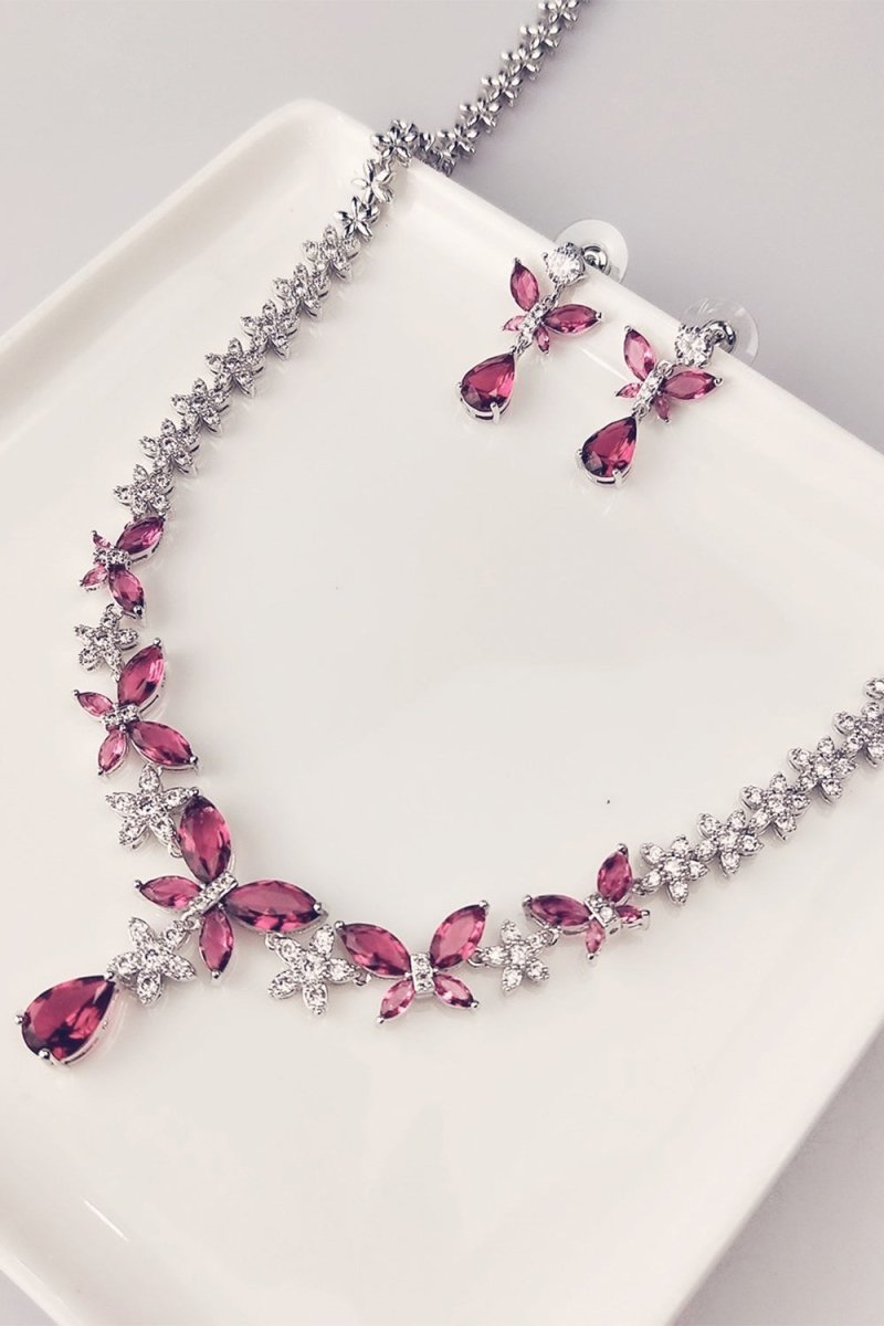 Royal Blue Butterfly Crystal Drop Earrings Necklace Jewelry Set - KissProm