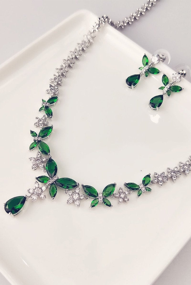 Royal Blue Butterfly Crystal Drop Earrings Necklace Jewelry Set - KissProm