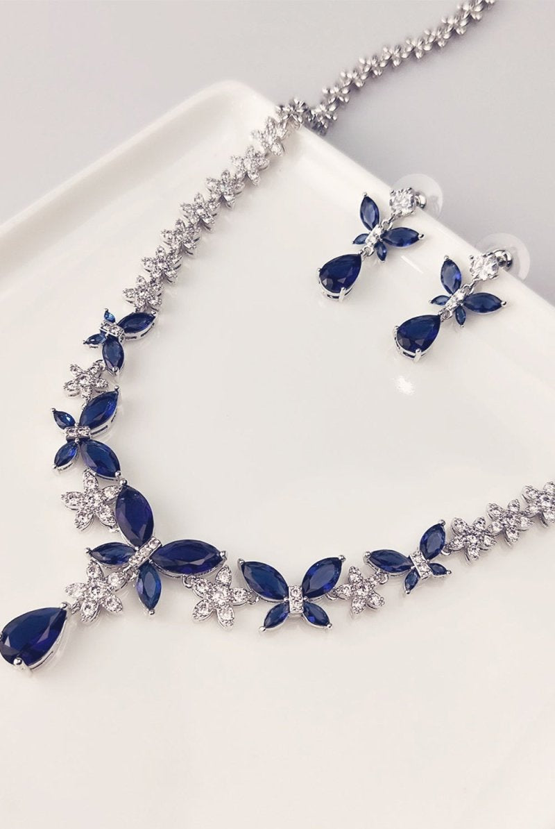Royal Blue Butterfly Crystal Drop Earrings Necklace Jewelry Set - KissProm