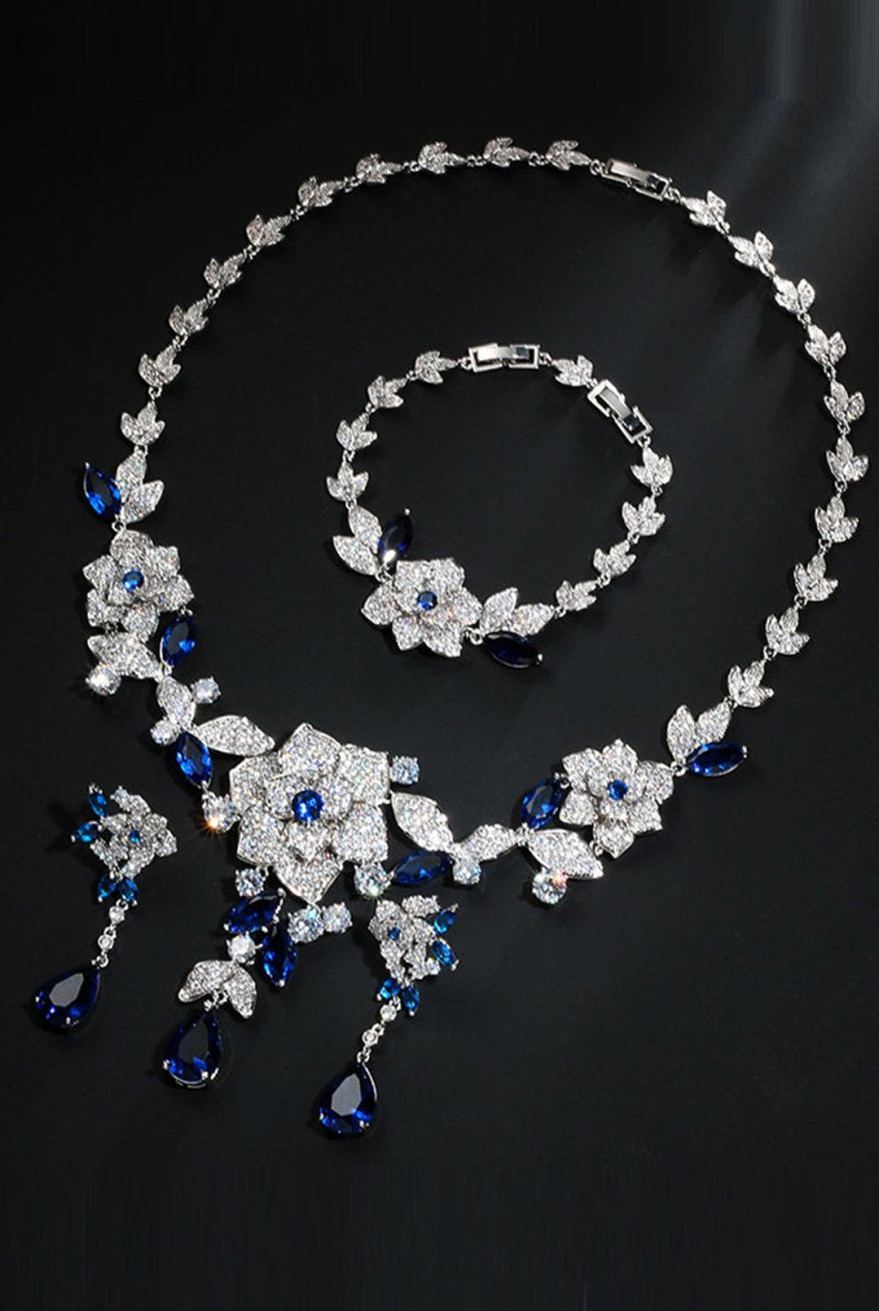 Royal Blue Flower Bracelet Necklace Jewelry Set - KissProm