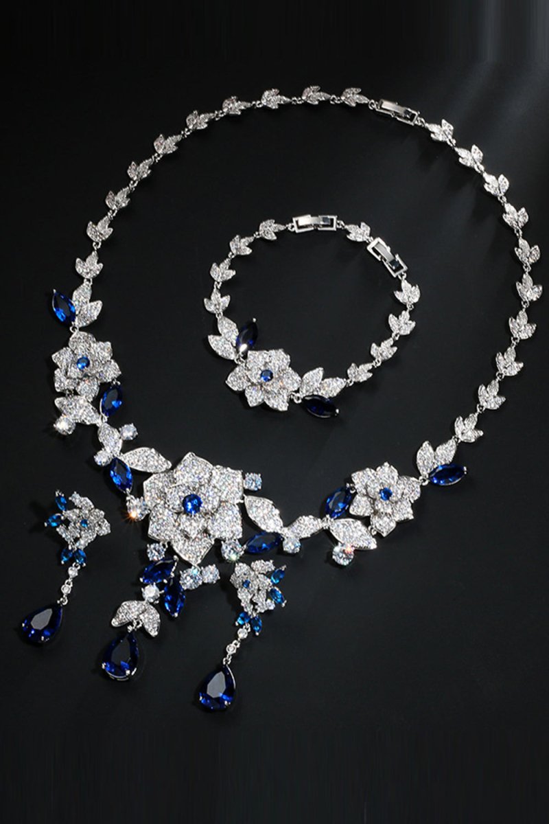 Royal Blue Flower Bracelet Necklace Jewelry Set - KissProm