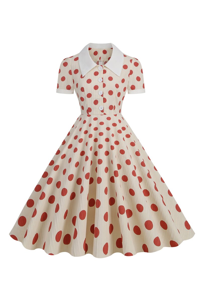 Red Polka Dots Vintage Dress With Short Sleeves - KissProm