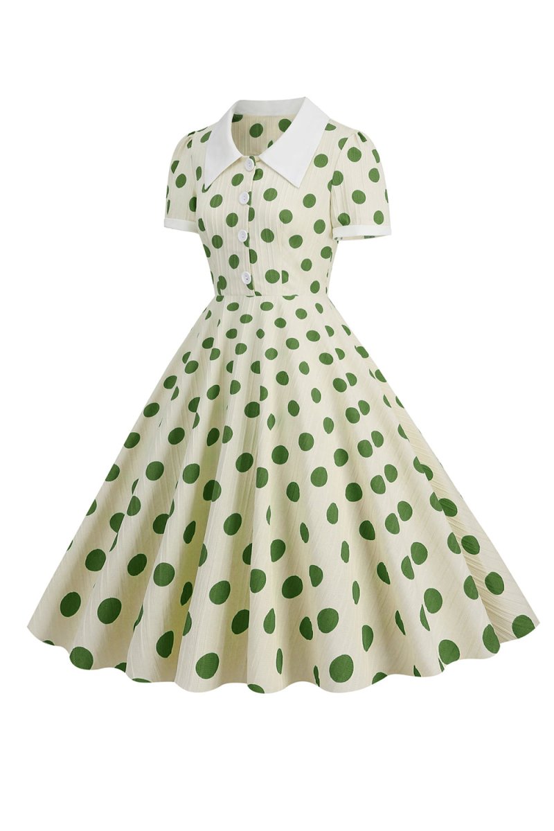 Red Polka Dots Vintage Dress With Short Sleeves - KissProm
