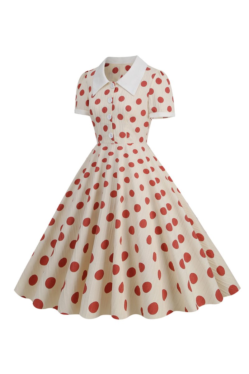 Red Polka Dots Vintage Dress With Short Sleeves - KissProm