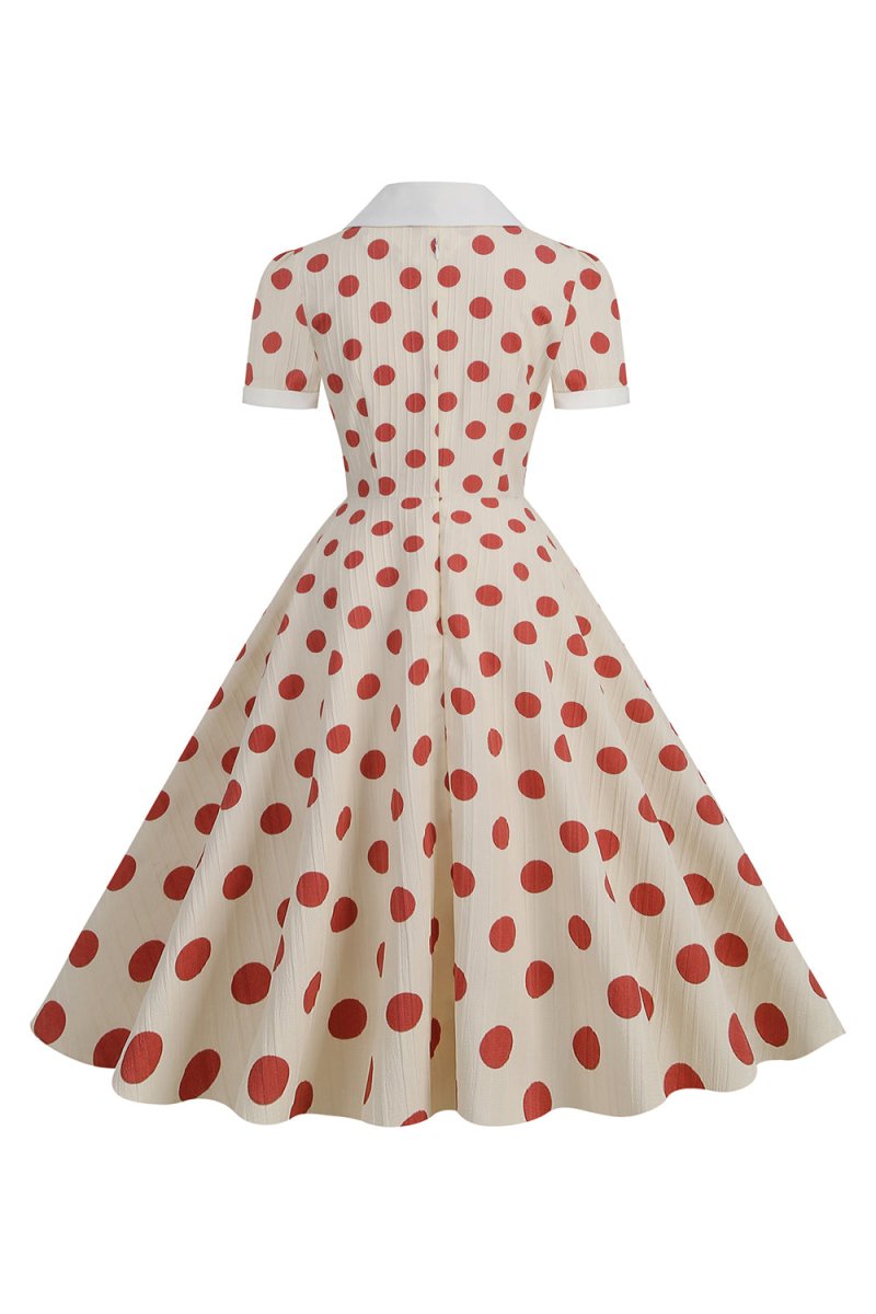 Red Polka Dots Vintage Dress With Short Sleeves - KissProm