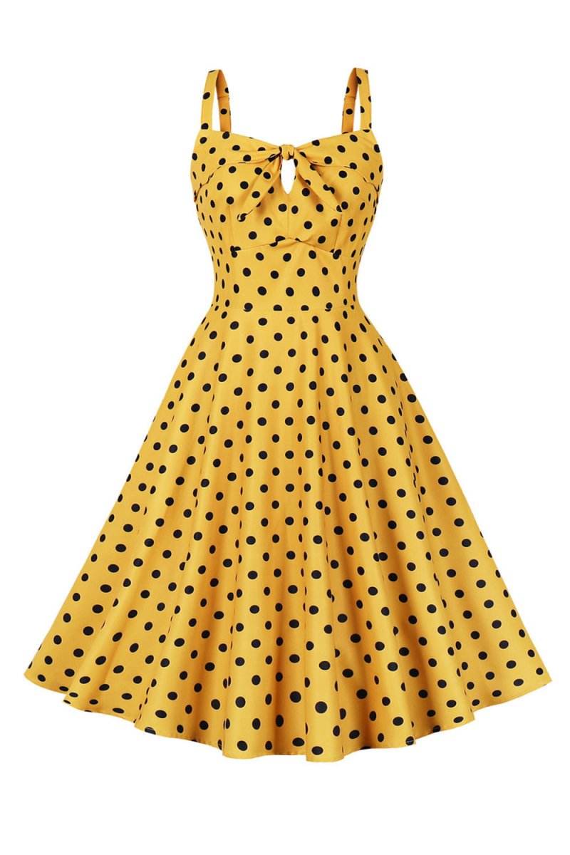 Spaghetti Straps Polka Dots Yellow 1950s Dress - KissProm