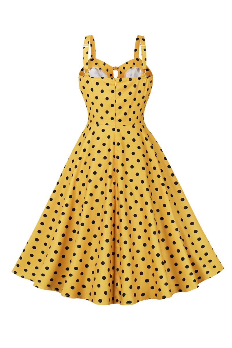 Spaghetti Straps Polka Dots Yellow 1950s Dress - KissProm