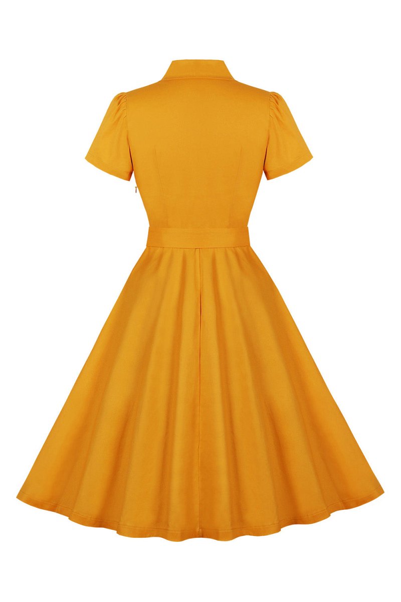 Yellow Swing V Neck Vintage Dress With Short Sleeves - KissProm