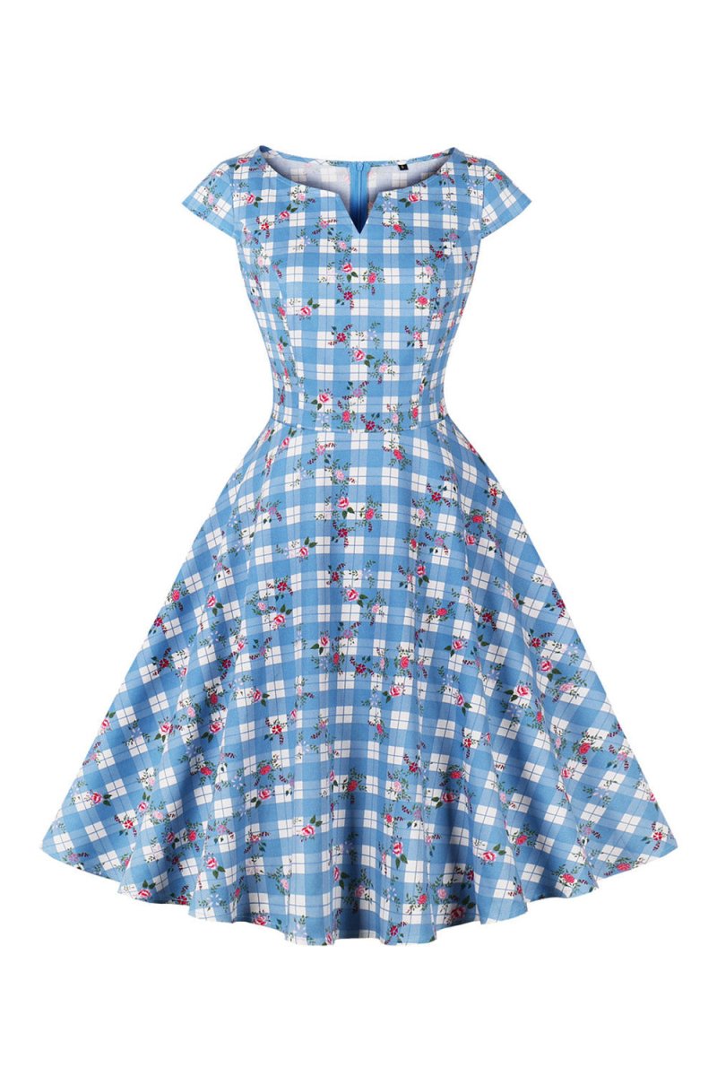 Printed Plaid Short Sleeveless Hepburn Style Vintage Dress - KissProm