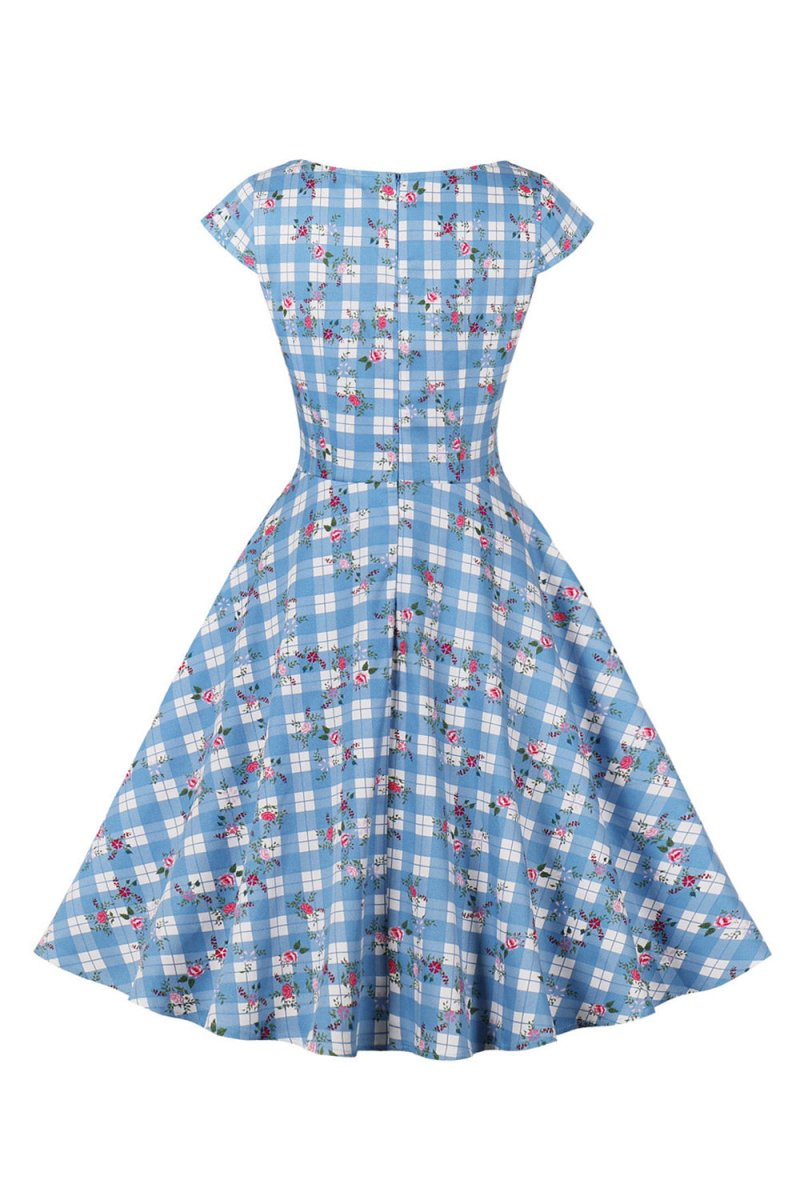 Printed Plaid Short Sleeveless Hepburn Style Vintage Dress - KissProm