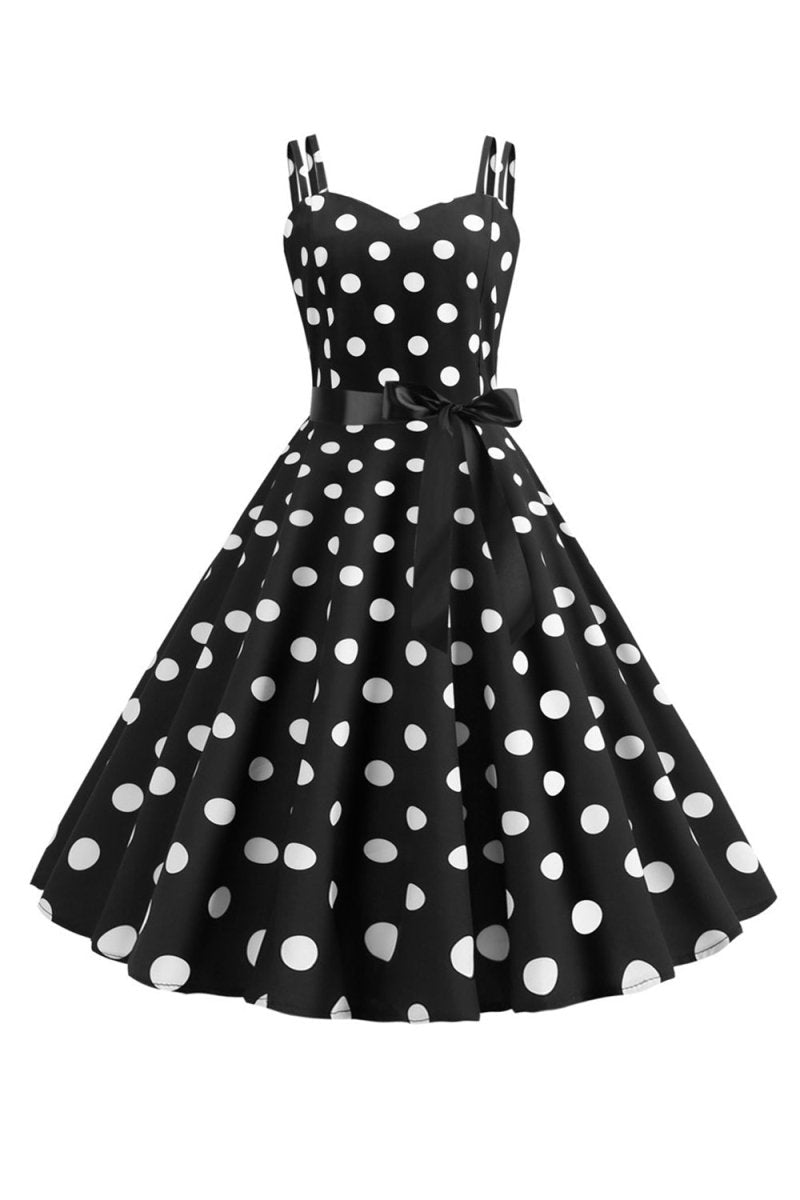 Pink Polka Dots Spaghetti Straps 1950s Dress With Bow - KissProm