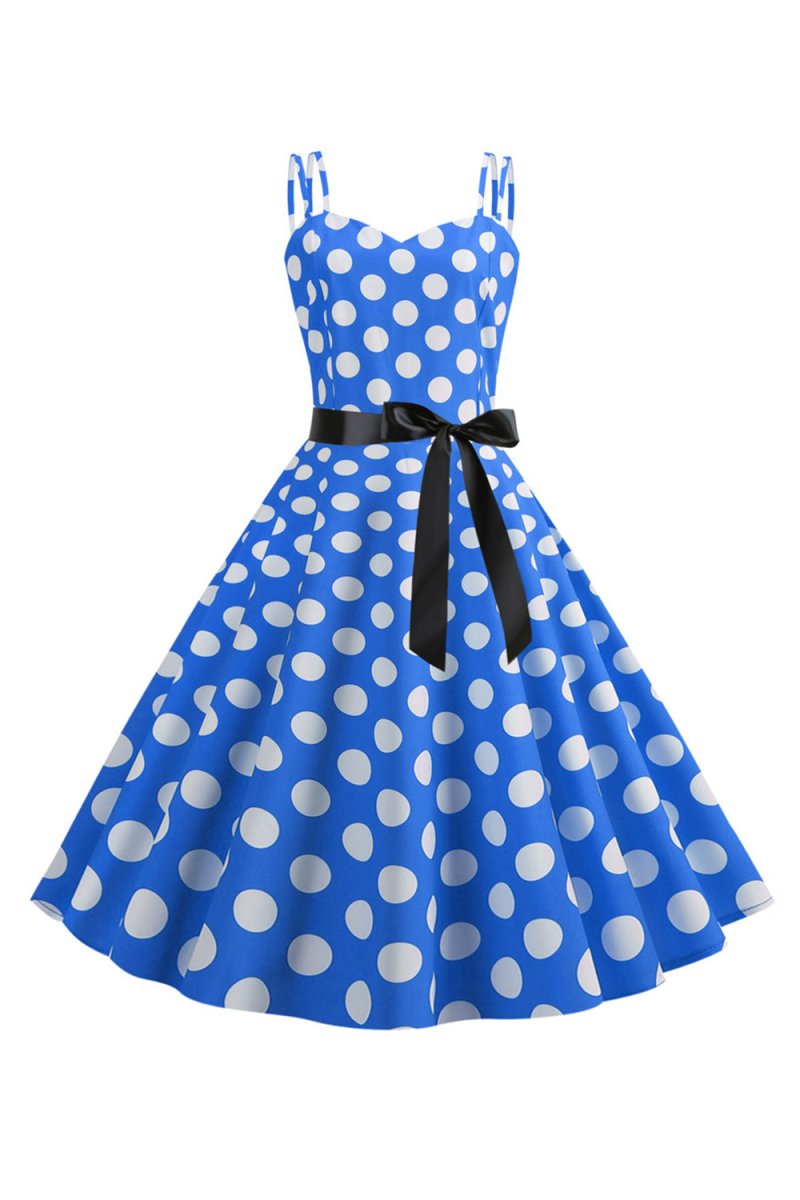 Pink Polka Dots Spaghetti Straps 1950s Dress With Bow - KissProm