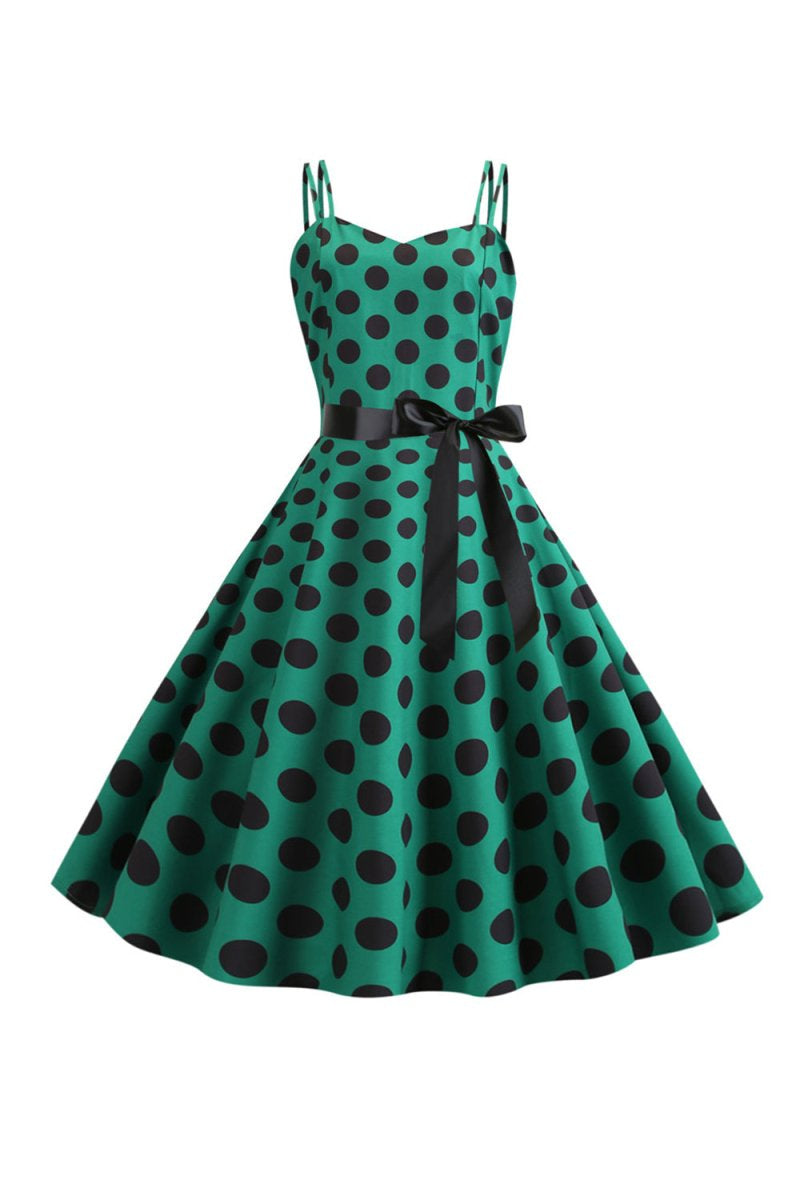 Pink Polka Dots Spaghetti Straps 1950s Dress With Bow - KissProm