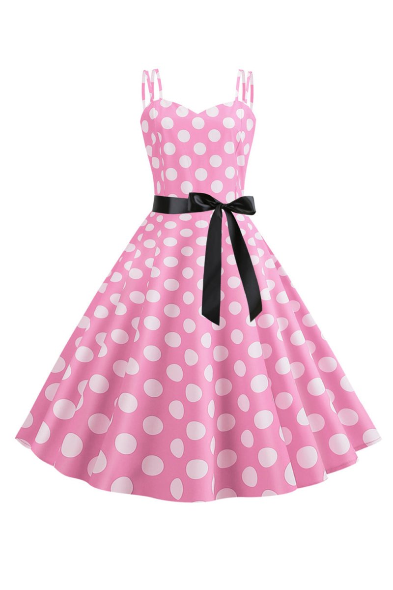 Pink Polka Dots Spaghetti Straps 1950s Dress With Bow - KissProm