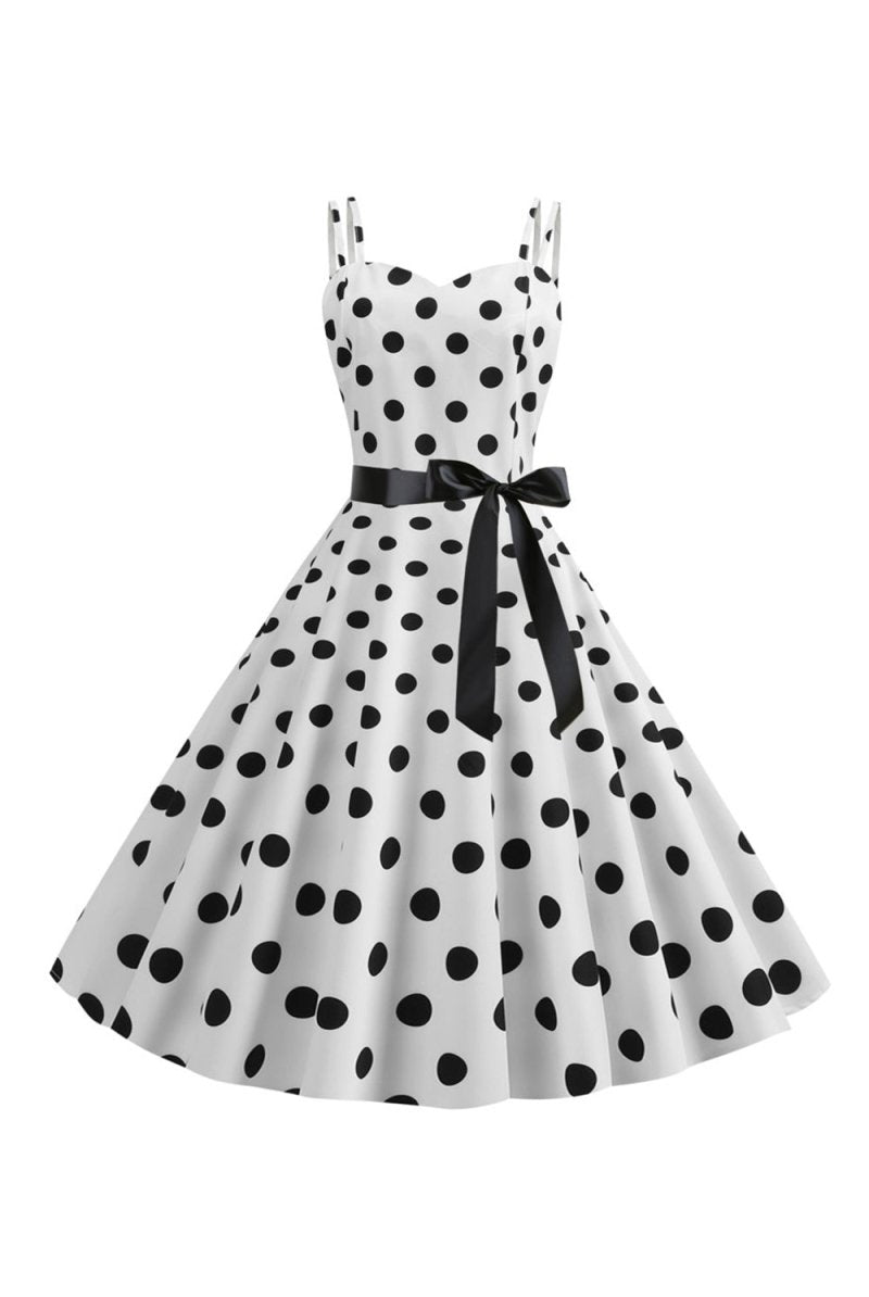 Pink Polka Dots Spaghetti Straps 1950s Dress With Bow - KissProm