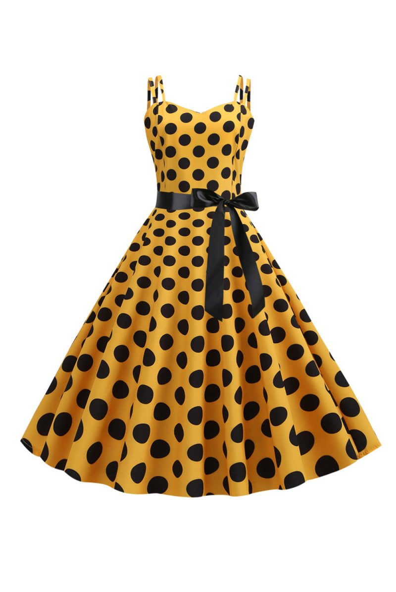 Pink Polka Dots Spaghetti Straps 1950s Dress With Bow - KissProm