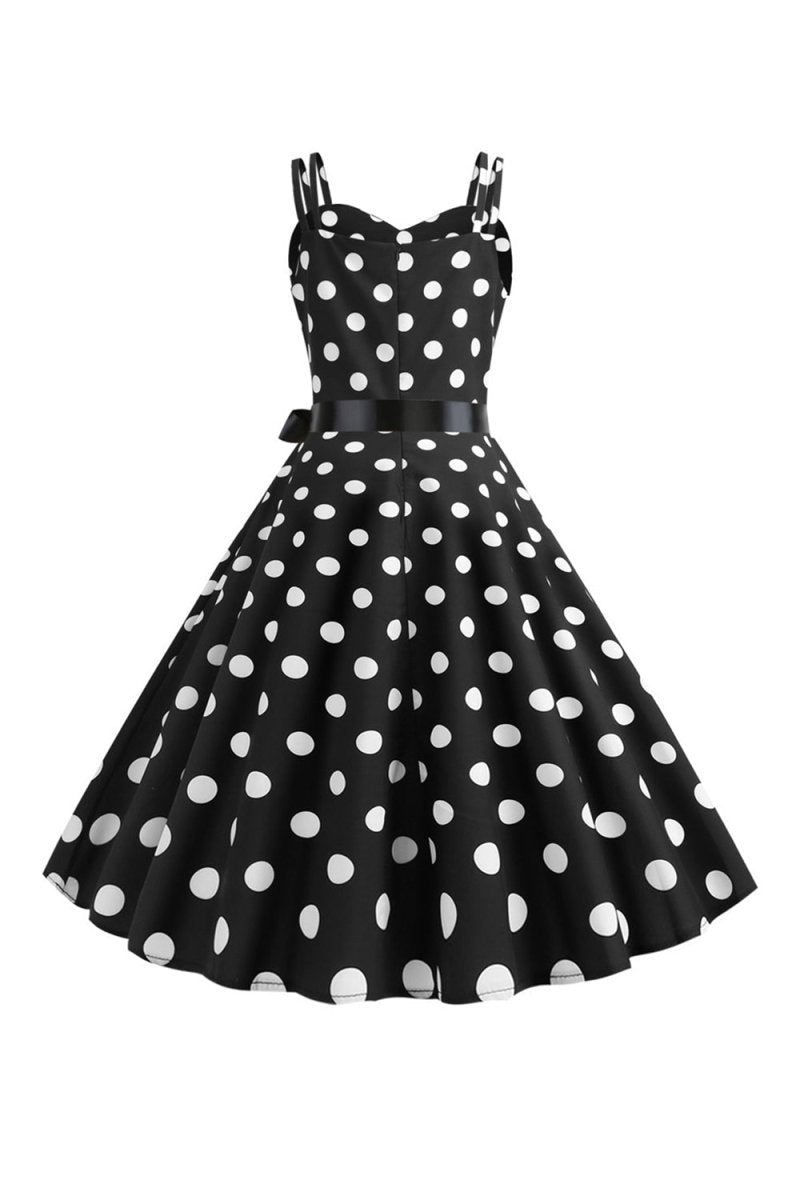 Pink Polka Dots Spaghetti Straps 1950s Dress With Bow - KissProm