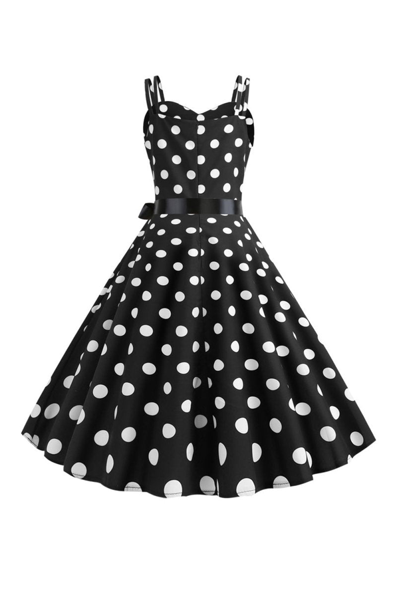 Pink Polka Dots Spaghetti Straps 1950s Dress With Bow - KissProm