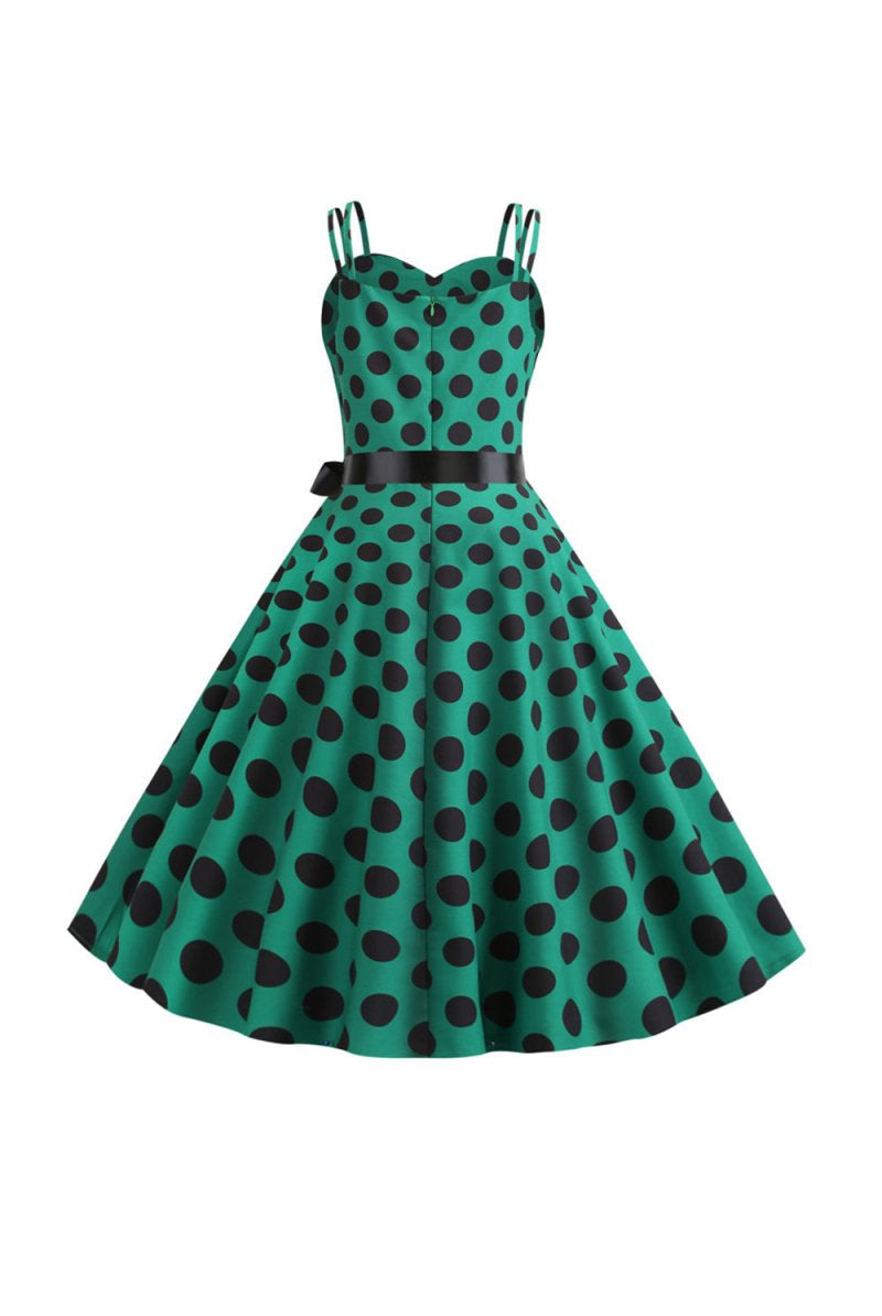 Pink Polka Dots Spaghetti Straps 1950s Dress With Bow - KissProm