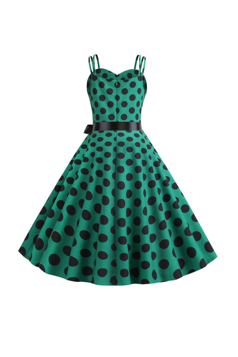 Pink Polka Dots Spaghetti Straps 1950s Dress With Bow - KissProm