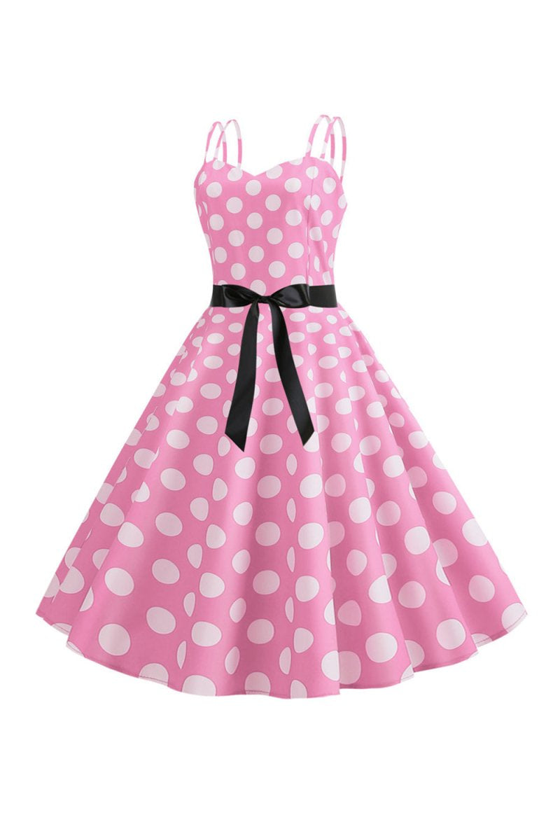 Pink Polka Dots Spaghetti Straps 1950s Dress With Bow - KissProm